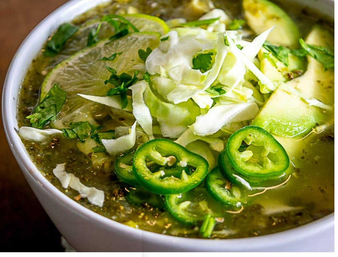 Tomatillo Veggie Pozole – courtesy of Chef Ernesto from El Molcajete Sauces 