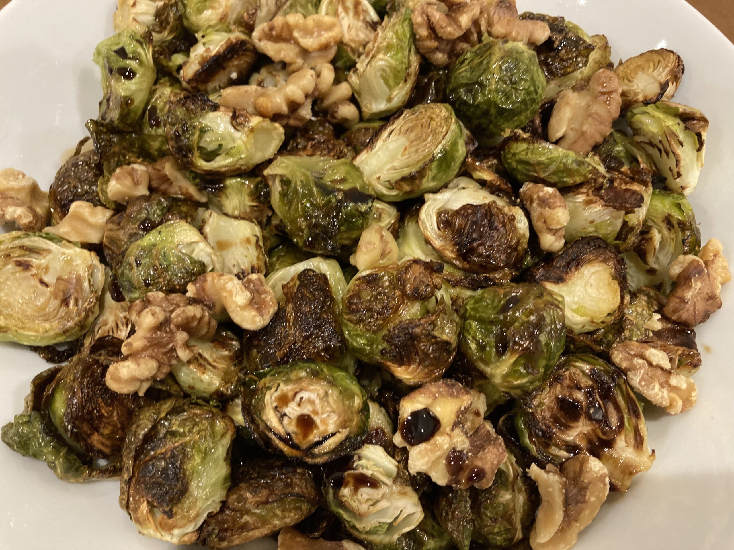 Roasted Brussels Sprouts with Toasted Walnuts and Maple Balsamic Glaze